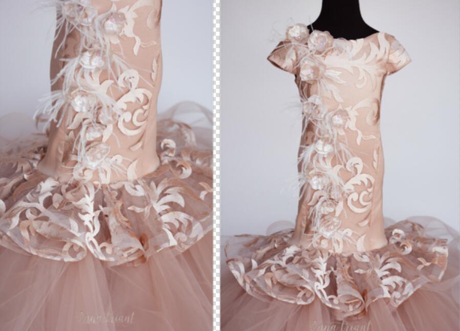 Champagne Appliqued Flower Girl Dresses For Weddings Mermaid Tiered Pageant Gowns For Kids Feather Floor Length Party Communion Dress