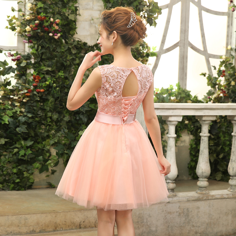 Soluble Lace Tulle Short Bridesmaid Dress With Bow 2018 New Scoop Neck Party Dress Lace Up