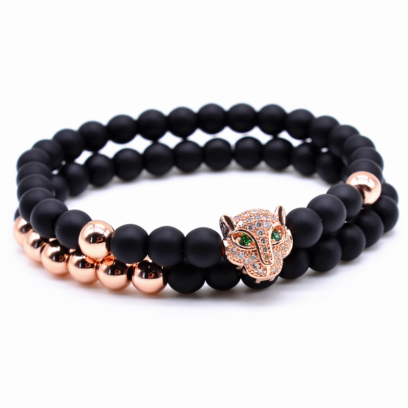 Charm leopard head two in one Bracelet Strands 6 mm black natural agate beads sin bead man Du Jinzhu