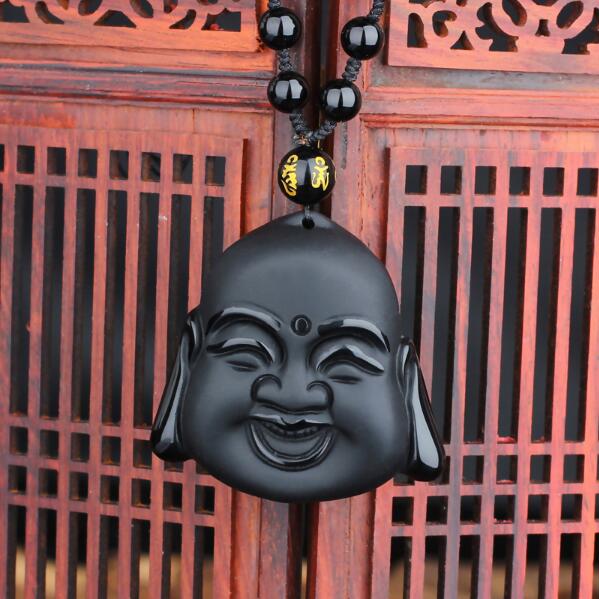 DJ Jewelry 100 Natural Black Obsidian Carving Maitreya Buddha Head Pendant Women Men039s Lucky Amulet Jewelry Pendants With Be
