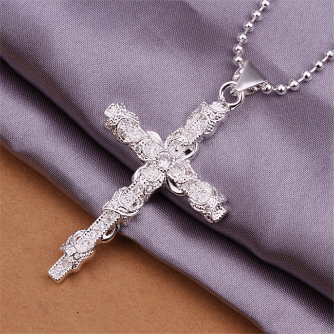 High grade Odd shaped insets cross Men white gemstone sterling silver necklace STSN359,fashion 925 silver necklace factory direct sale
