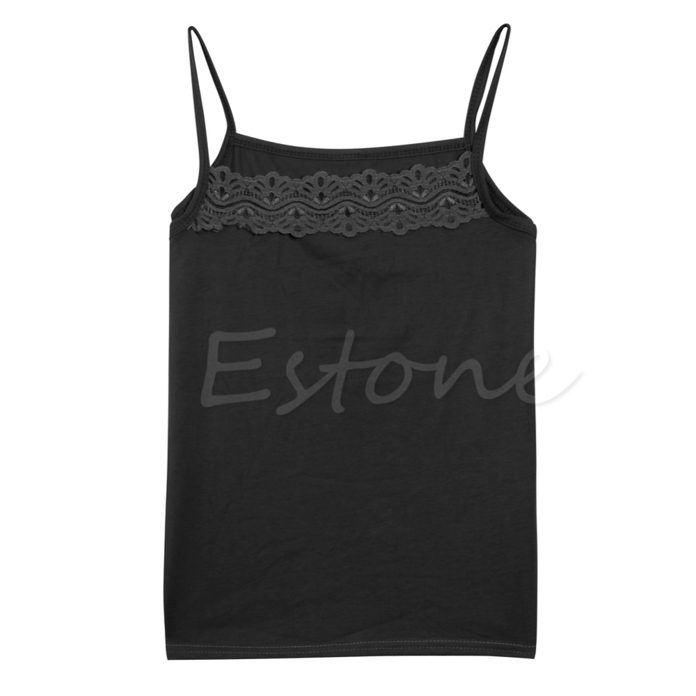 Wholesale-[COCKCON] Women Sleeveless Camisole Basic Stretch Spaghetti Cotton Lace Tank Tops Cami