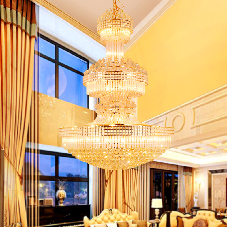 Modern Crystal Chandeliers LED American Gold Chandelier Lighting Fixture 3 White Light Colors Dimmable Long Home Hotel Villa Hanging Lamps