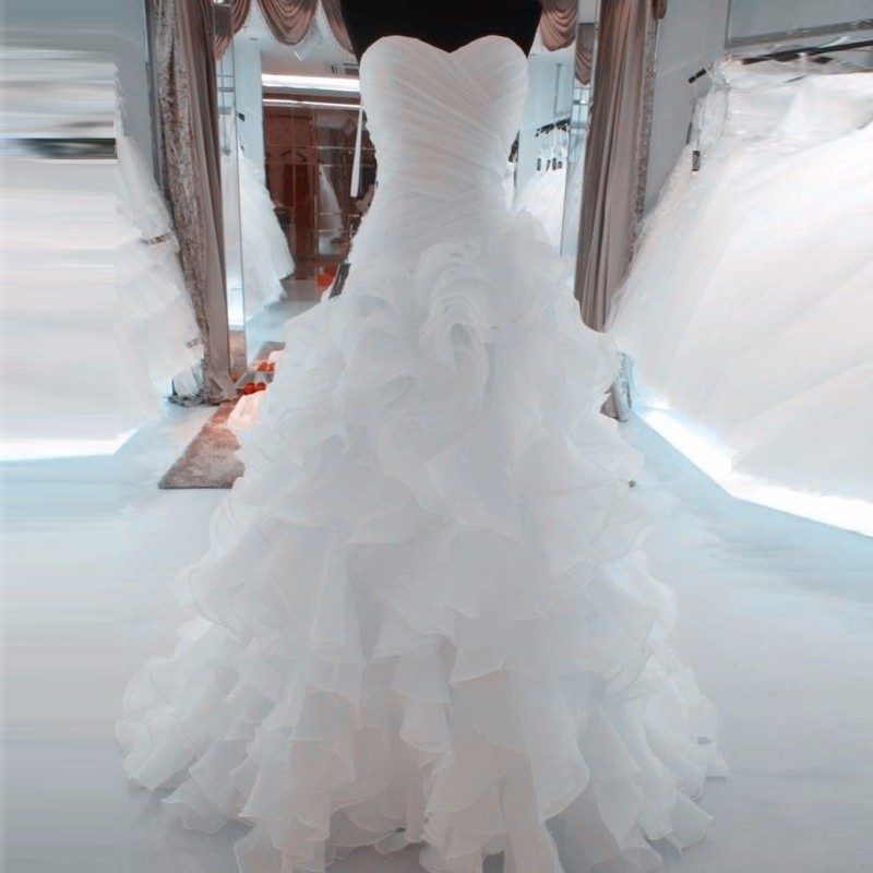 White Puffy Wedding Dress A Line 2017 Sweetheart Ruched Ruffles Organza Brides Dresses With Corset Back Real Photos Custom Made EN111710