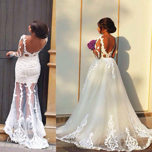 Elegant White Two in One Wedding Dresses High Quality Applique Long Sleeves Backless Tulle Women Wear Bridal Party Gowns Plus Size