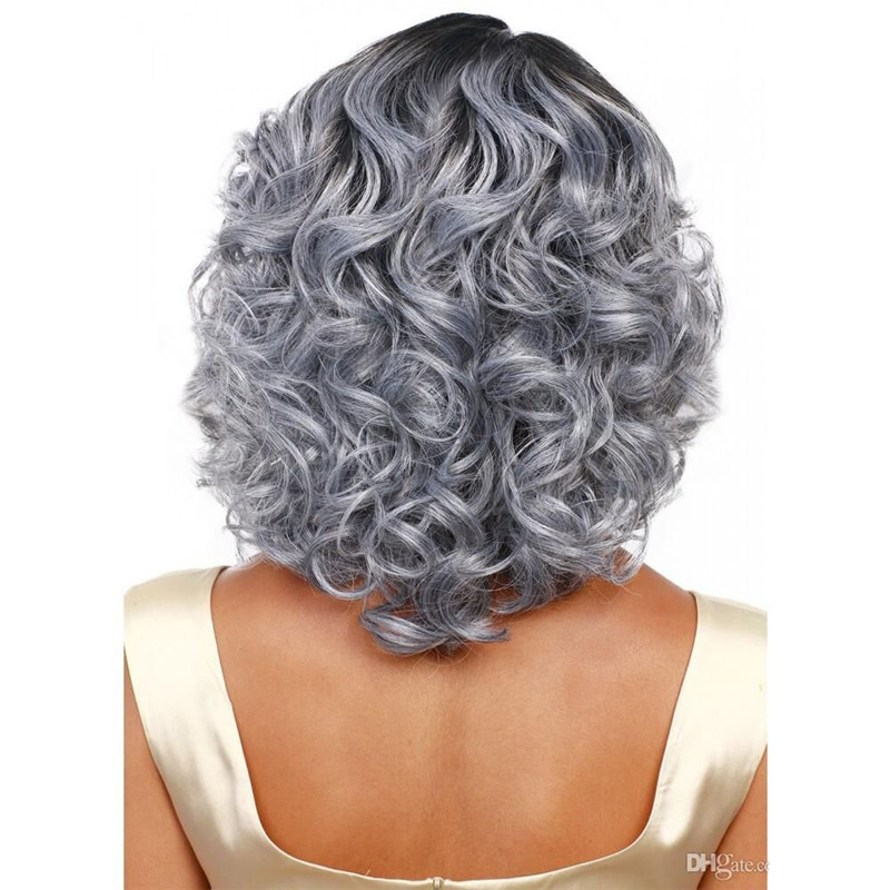 Grandmother grey wig ombre short wavy synthetic hair wigs curly african american women heat resistant fiber black wig