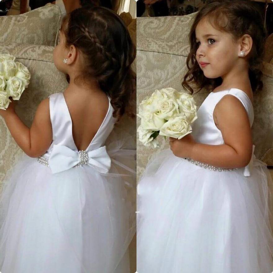 Handmade Girls Dress For Wedding White Beaded Flower Dresses Jewel Neckline Floor Length Lovely Princess Girls Pageant Gown Party Gowns