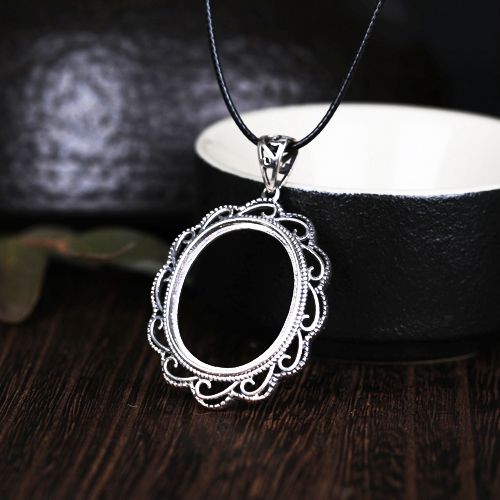 Real Sterling Silver 925 Retro Vintage Party Pendant Semi Mount Oval Cabochon 19x23mm for Amber Agate Opal Turquoise Lapis lazuli Setting