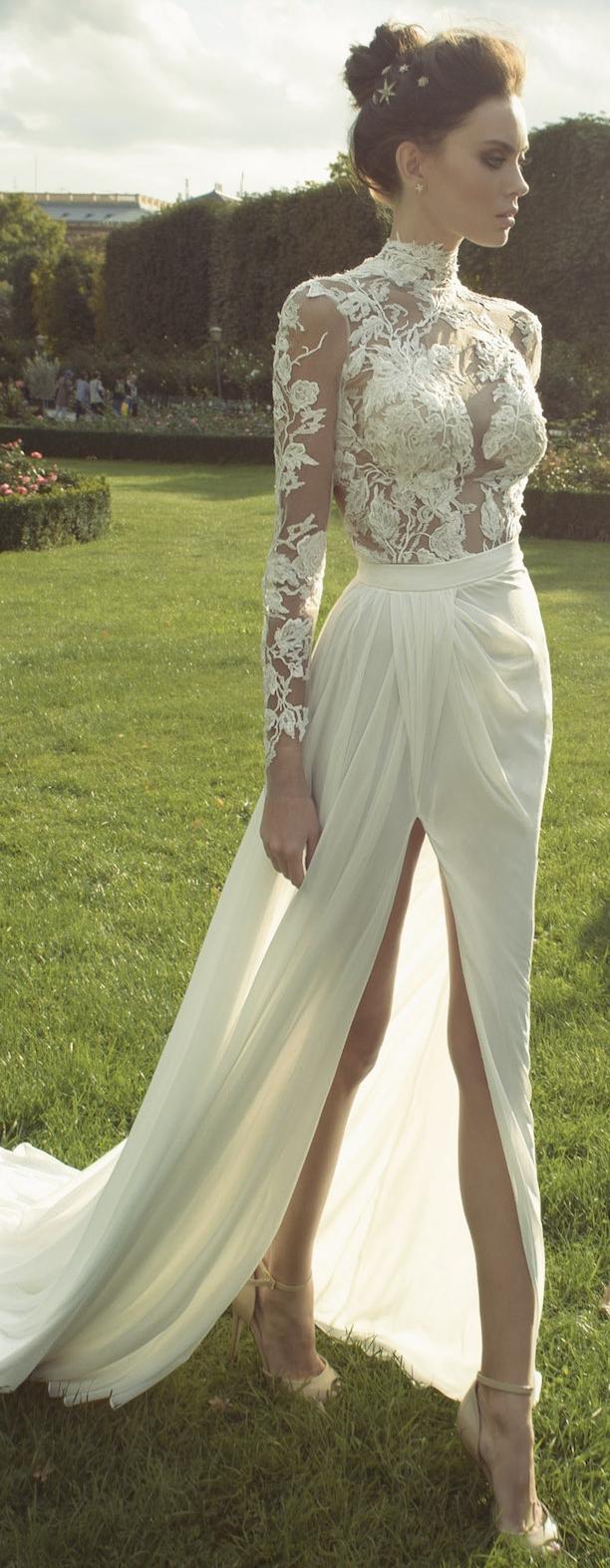 Haute Couture Chiffon Lace Wedding Dress Long Sleeve High Neck Illusion Back Applique Court Train Deep Split Front Garden Bridal Gown