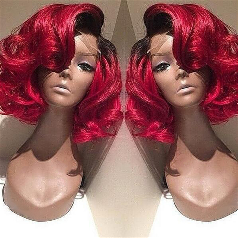 Short Burg 1B Red Colored Lace Wigs with Side Bangs Indian Wigs Dark Root Ombre Red Full Lace Wig For Women