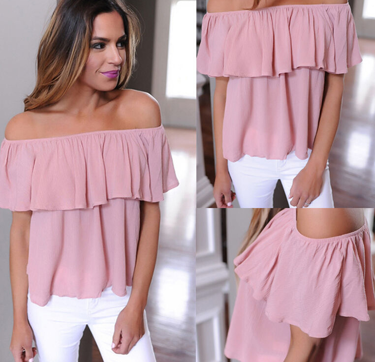 Wholesale- New Women Ladies Clothing Tops Summer Casual Loose Ruffle Off Shoulder Tops Off Shoulder Blouse Clothes Women