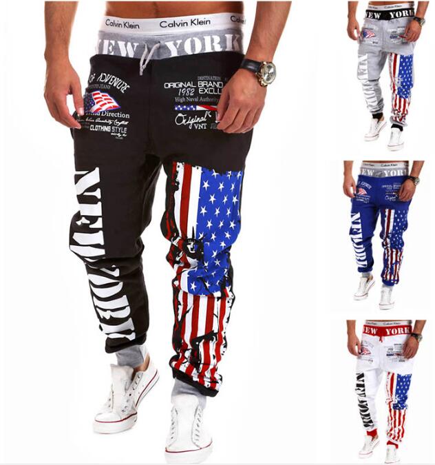 2016 Fashion men joggers pants skinny sweatpants hip hop jogging trousers Flag letters print sweat pants