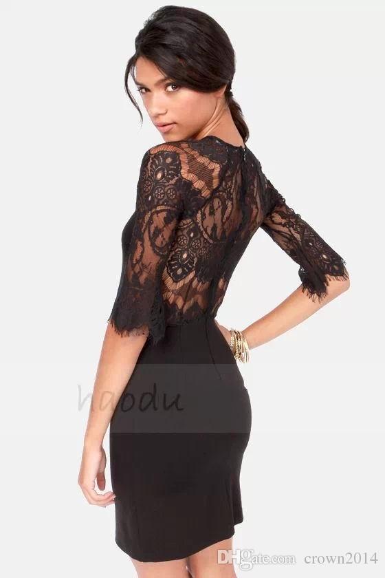 Sexy Sheath High Neckl Short Cocktail Dresses Zipper Back Lace Party Dresses Half Sleeve Prom Formal Evening Dresses In Stock