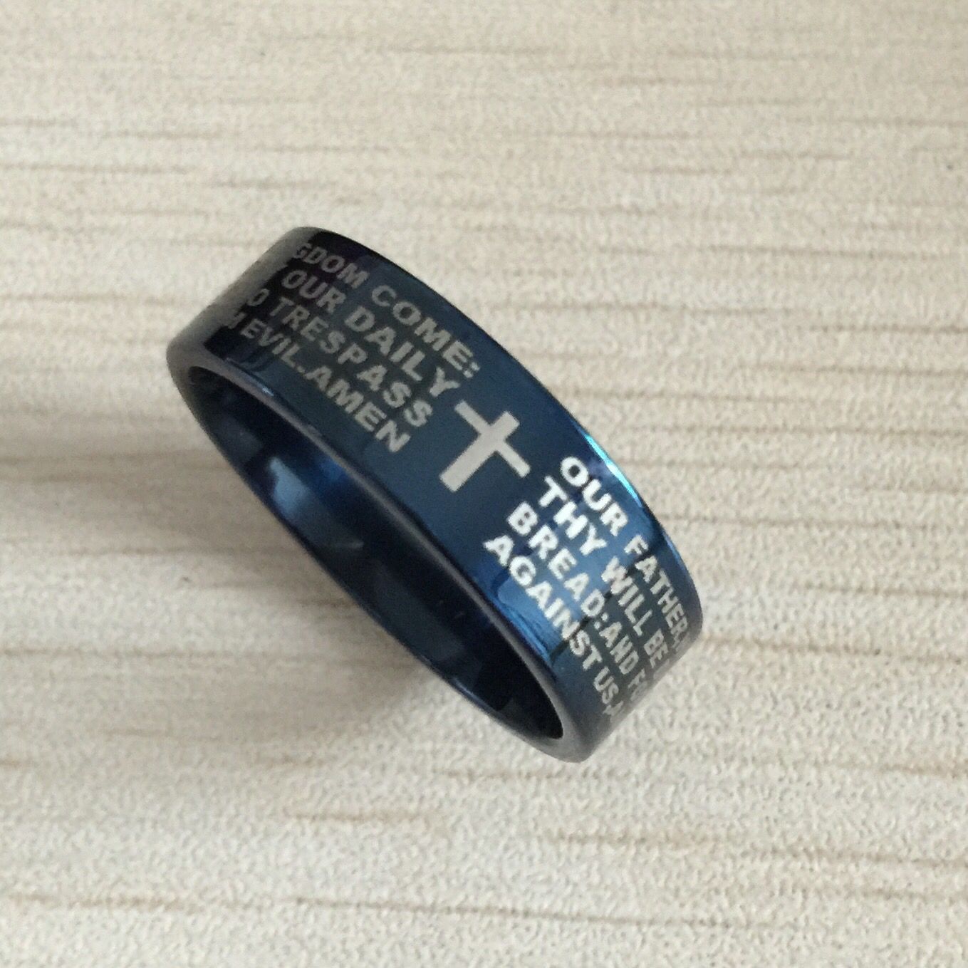 Blue men english bible ring 8mm 316 Titanium Steel cross Letter prayer bible wedding band the lord of the ring men women