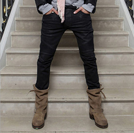 High street motor Biker Mens Slim Fit folds Jeans Washed Denim Moto gray blue skinny pants for men