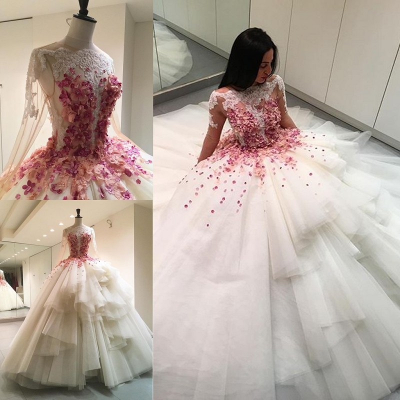 Real Image Ball Gown Wedding Dress Jewel Neck 3D Floral Appliques Long Sleeves Floor Length Dubai Said Bridal Gowns Vestidos De Novia