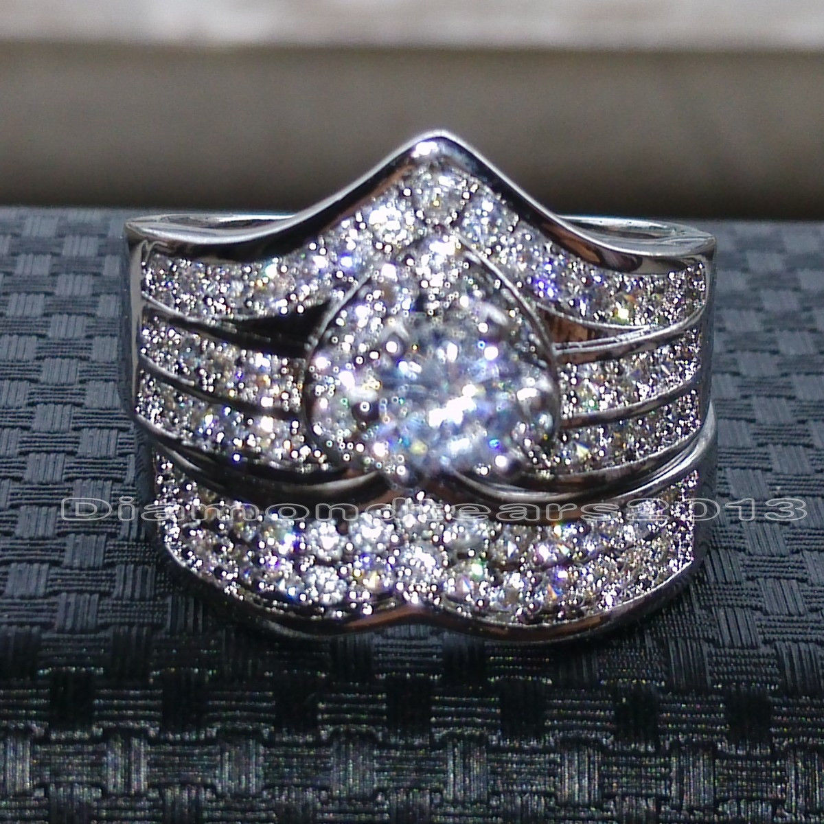 10K White Gold Bridal Ring Set: Round Cut Sapphire CZ & Dia Simulants