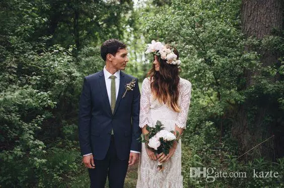 Vintage Inspired Lace Bohemian Long Sleeve Dresses Modest V Neck Beach Boho Cheap Wedding Dress Plus Size Bridal Gowns