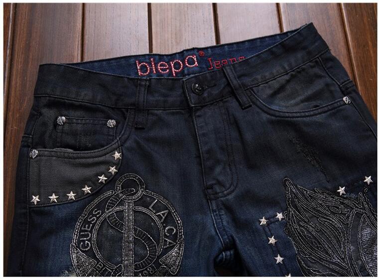 Brand Fashion Patchwork Straight Embroidery Rivets Punk Men's Skinny Jeans High Quality Robbin Jeans Hip Hop Fit Men Biker Jeans