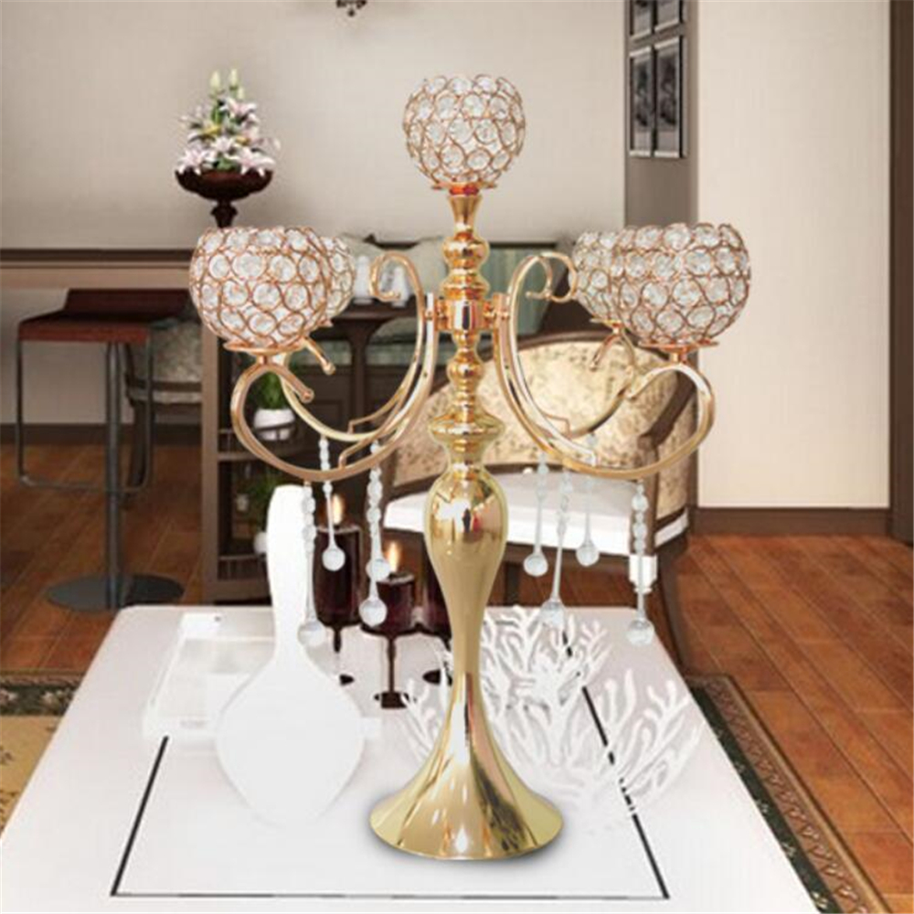 65cm height 5-arms metal Gold candelabras with pendants sumptuous wedding table candle holder home decoration 10 pcs/lot