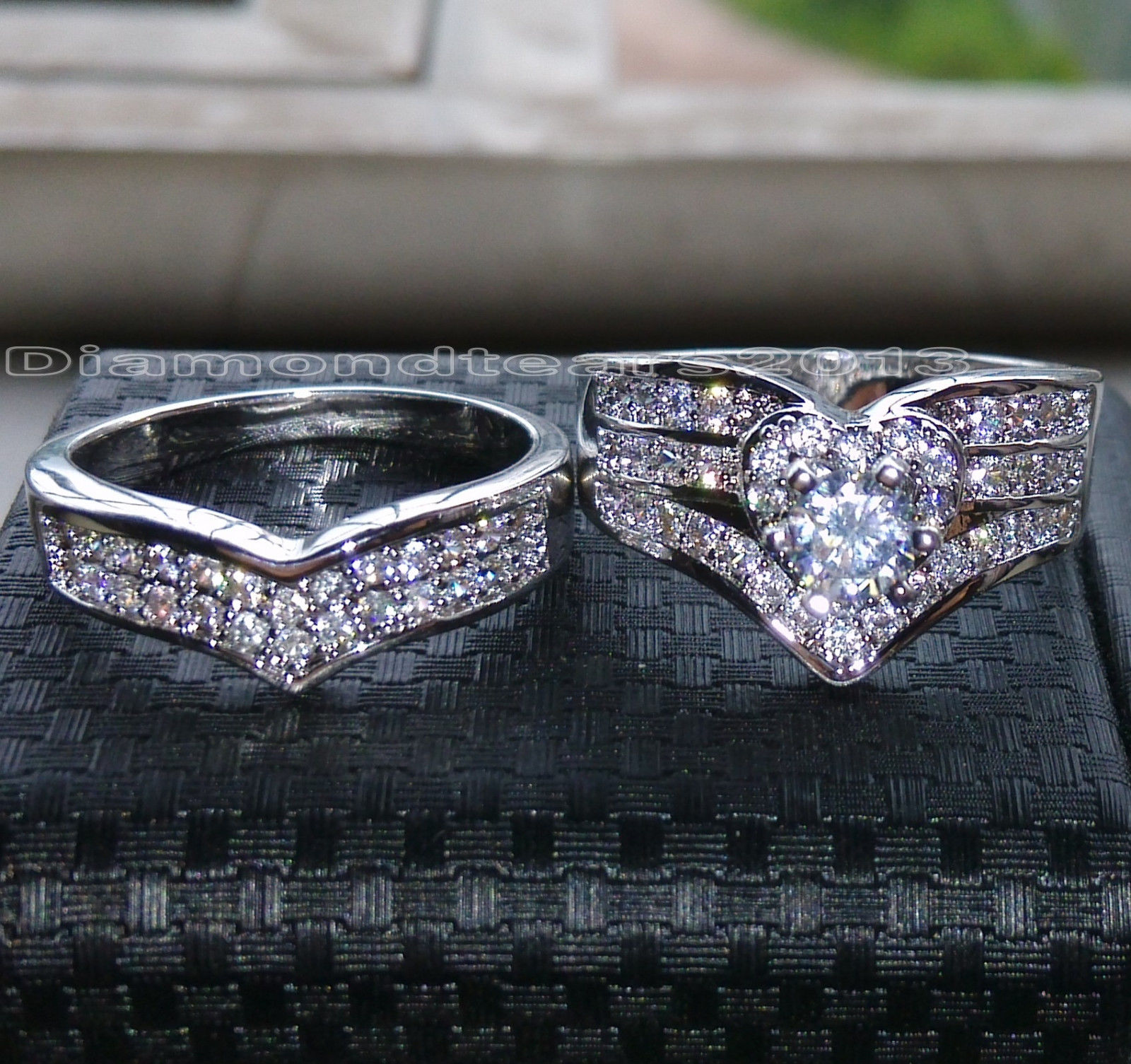 10K White Gold Bridal Ring Set: Round Cut Sapphire CZ & Dia Simulants