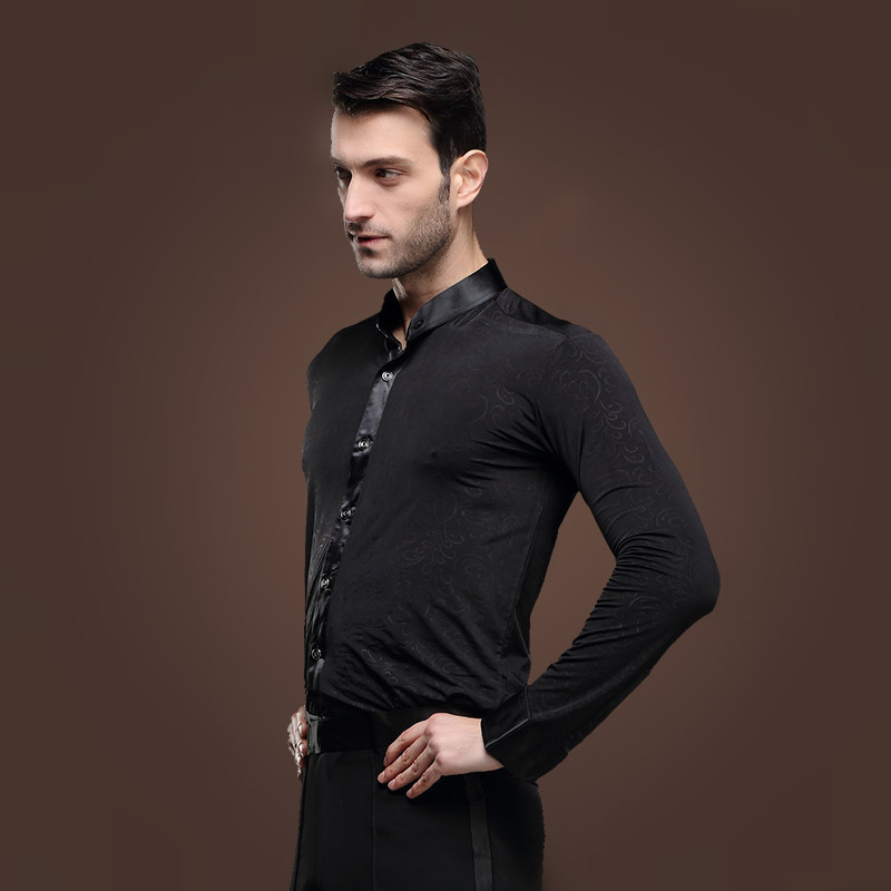 man Latin dance shirt adult black Pattern modern dance costume chacha rumba Samba square dance clothes long sleeve shirt male