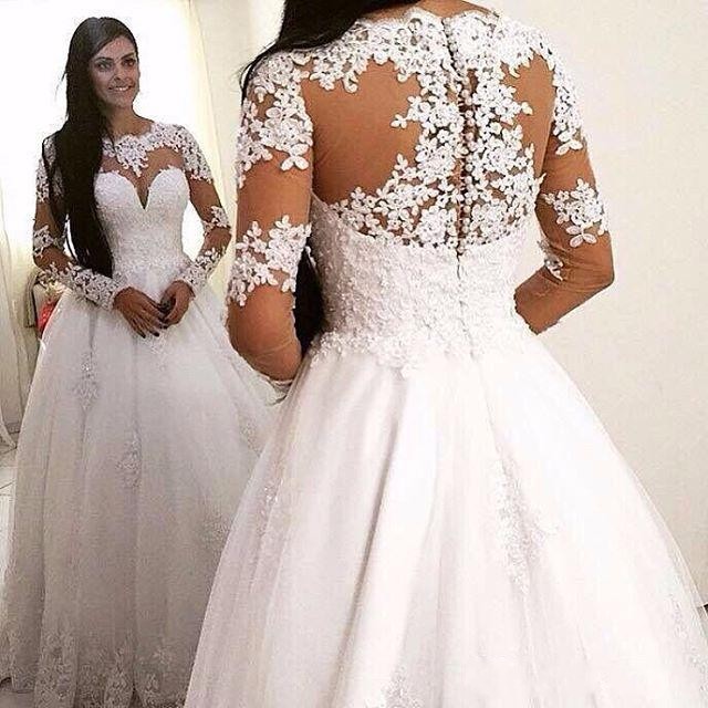 2016 New A Line Wedding Dresses Jewel Neck Long Sleeves Lace Appliques Beaded Long Sweep Train Sheer Tulle Plus Size Formal Bridal Gowns, Champagne
2016 New A Line Wedding Dresses Jewel Neck Long Sleeves Lace Appliques Beaded Long Sweep Train Sheer Tulle Plus Size Formal Bridal Gowns, Champagne