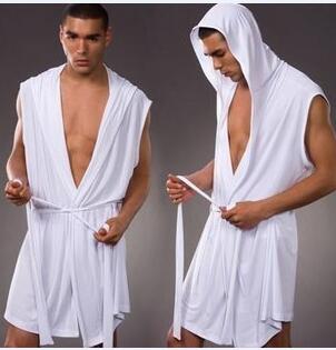 Wholesale-NEW Ice Cotton Men Bathrobe Summer Hooded Sleepwear Robes Leisure Home Sleeveless nightGown Pajama Underwear gay dressing gown