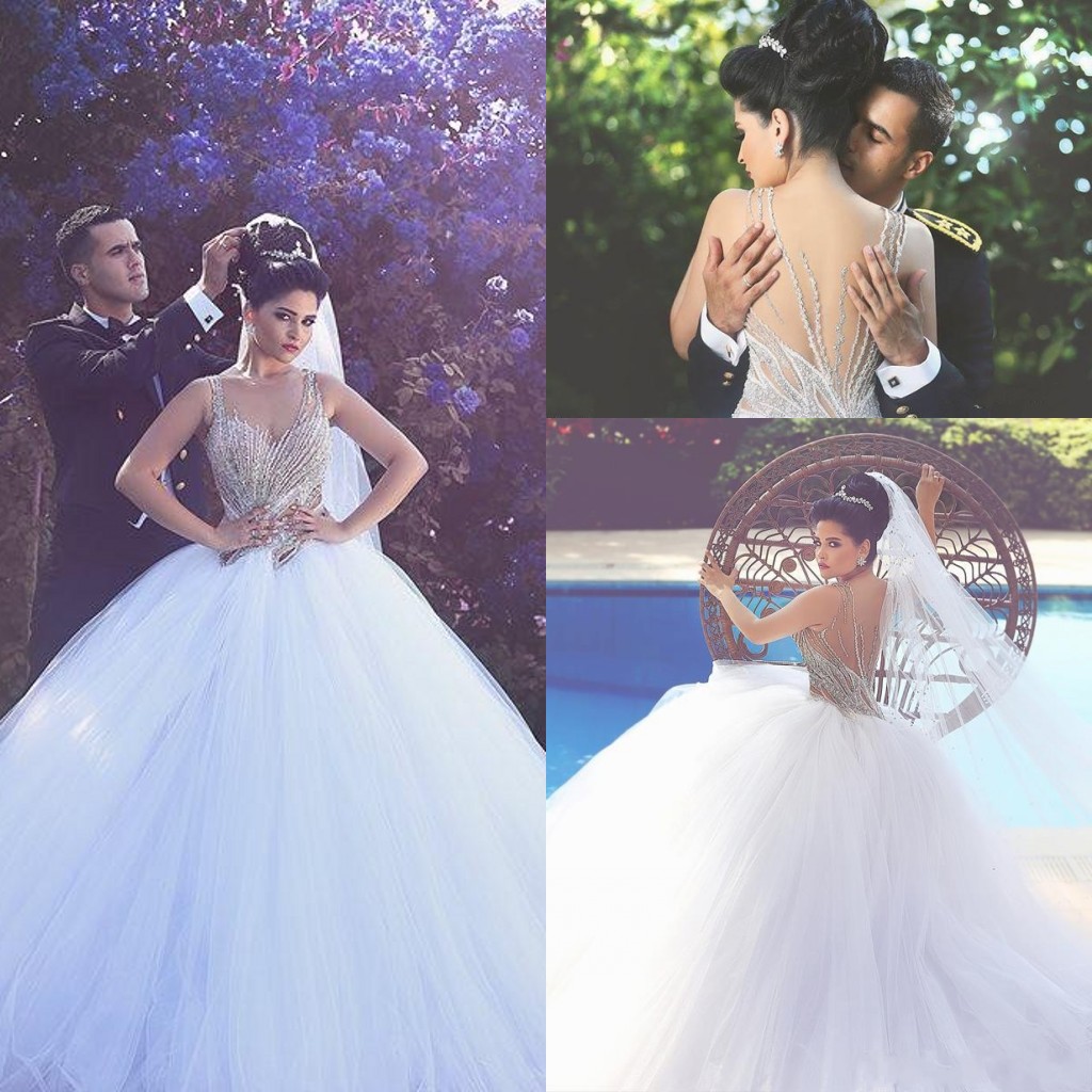 2016 New Sexy Ball Gown Wedding Dresses Illusion Neck Crystal Beaded Long Tulle Puffy Sweep Train Said Mhamad Plus Size Formal Bridal Gowns, White
2016 New Sexy Ball Gown Wedding Dresses Illusion Neck Crystal Beaded Long Tulle Puffy Sweep Train Said Mhamad Plus Size Formal Bridal Gowns, White