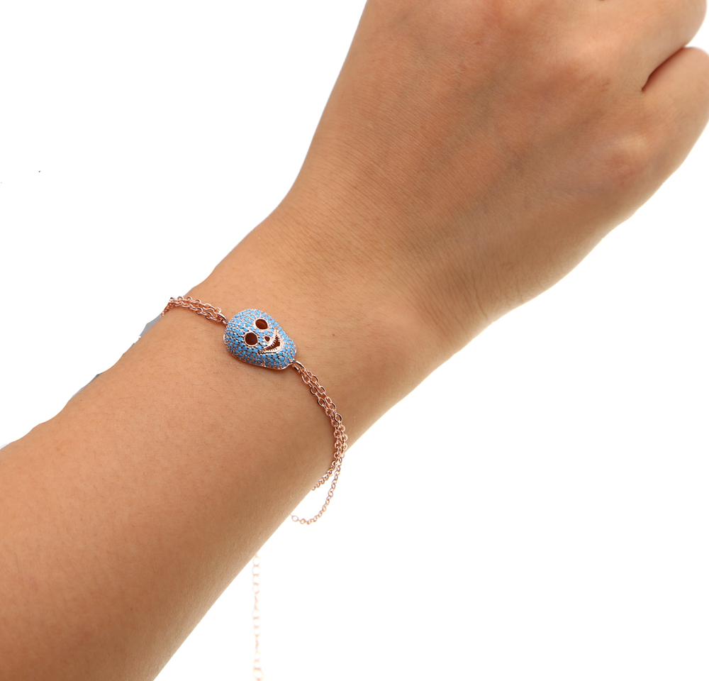 Customized Rose CZ Turquoise Skull Bracelet: Unique Double k Chain Gift for Her