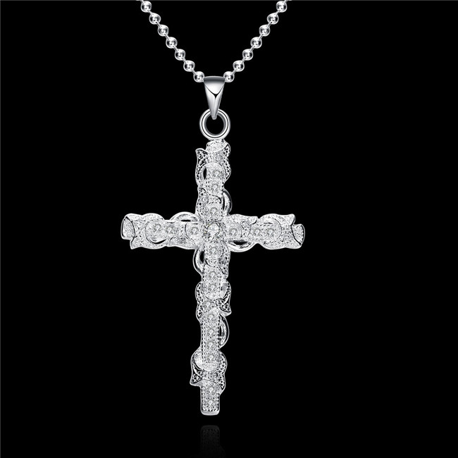 High grade Odd shaped insets cross Men white gemstone sterling silver necklace STSN359,fashion 925 silver necklace factory direct sale