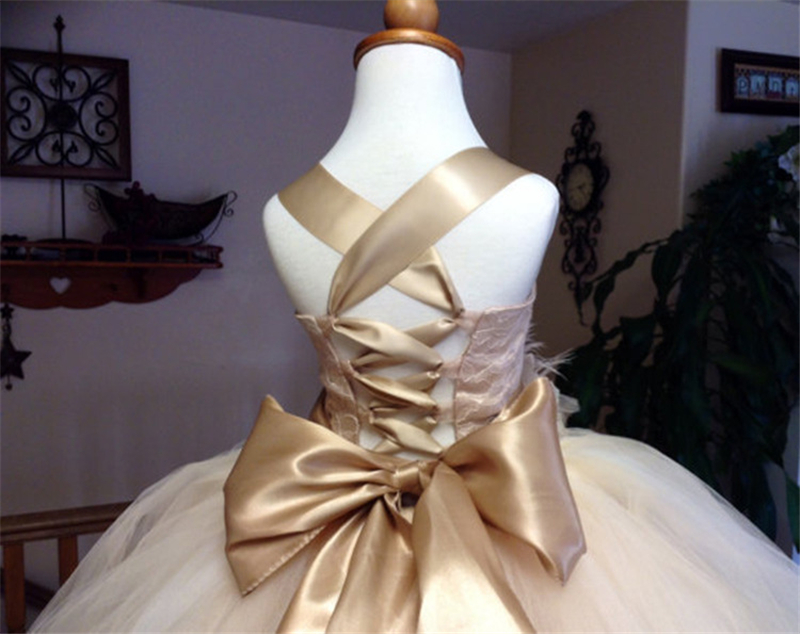 Sexy Princess Lace Ball Flower Girl Dress with Bow Beading Tulle Girls Pageant Gown First Communion Dresses BF25