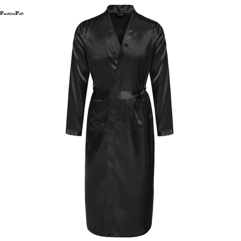 Wholesale-Mens Summer Robes Solid V-neck Kimono Bathrobe Long Satin Robe Sleepwear Adjustable Waistband Peignoir Homme Albornoz Hombre ZD