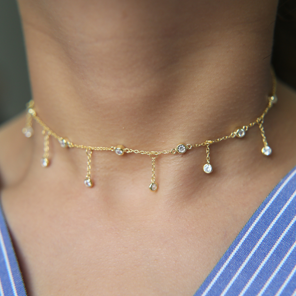 luxury fine 925 sterling silver gold plated cz station tassel chain choker statement cz women necklace