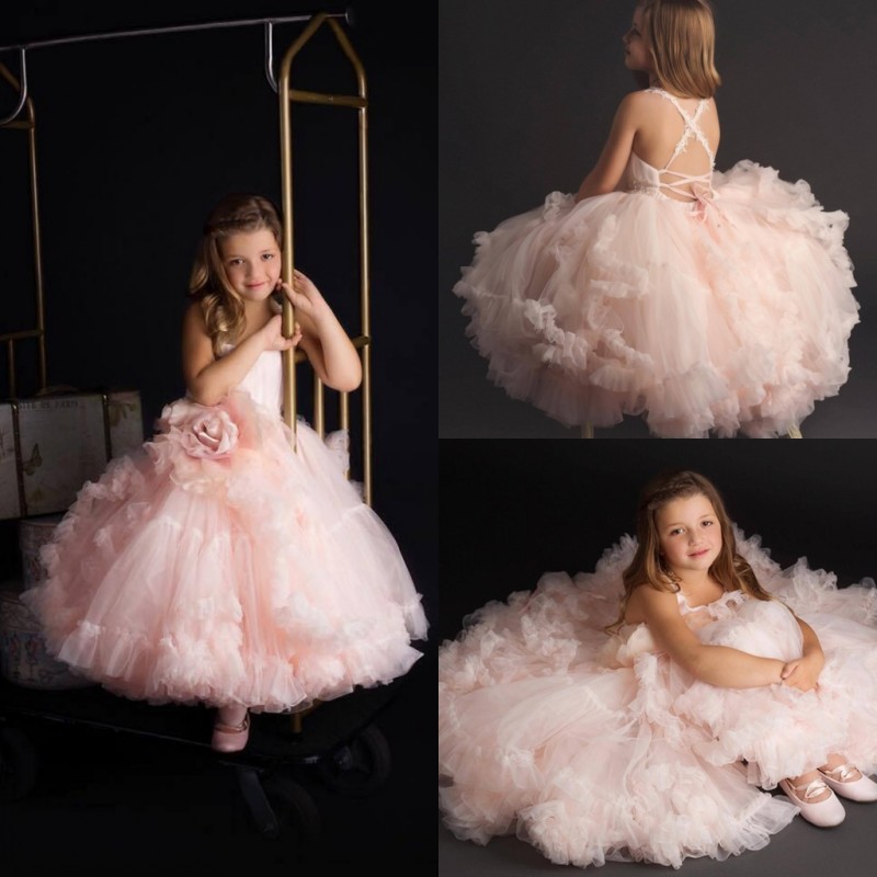 Pink Girls Pageant Dresses Hand Made Flower Ruffle Backless Ball Gown Flower Girl Dress For Wedding Floor Length Birthday Party Wear