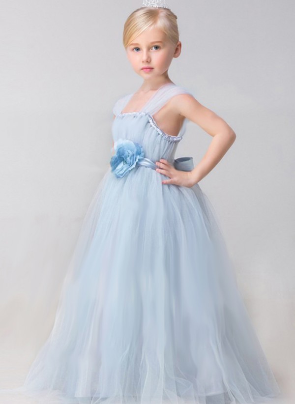 Light Blue Flower Girl Dresses With Hand Made Flower Cap Sleeve Floor Length Girls Pageant Dress Princess Cheap Gown