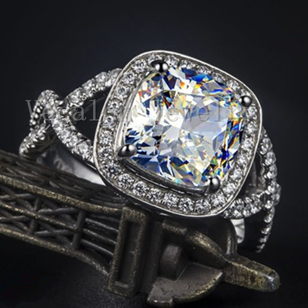 Vecalon Cushion cut 3ct Simulated diamond Cz Engagement Wedding Band ring for Women 10KT White Gold Filled Female Finger ring