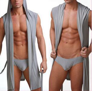 Wholesale-NEW Ice Cotton Men Bathrobe Summer Hooded Sleepwear Robes Leisure Home Sleeveless nightGown Pajama Underwear gay dressing gown