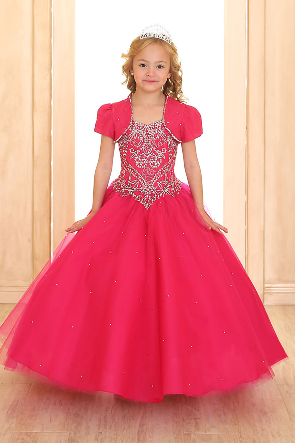 Red Princess Ball Gown Little Girls Pageant Dresses with Short Lovely Bolero Jacket Beaded Crystal Floor Length Tulle Kids Puffy Party Dress