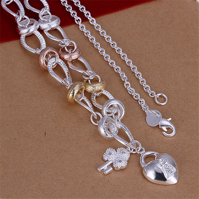 Dichroic insets heart lock hanging flower necklace sterling silver plate necklace STSN212,fashion 925 silver Chains necklace factory