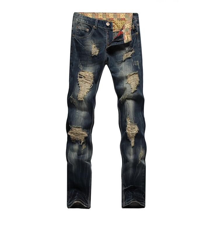 europen American style Distrressed Men's fashion brand hole jeans cotton straight slim denim Trousers luxury blue jeans for men