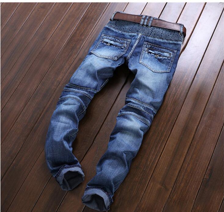 Men Fold Runway Stretch Jeans, Washed Acid Biker Slim Jeans Men Plus 4 Colors Size 28-38