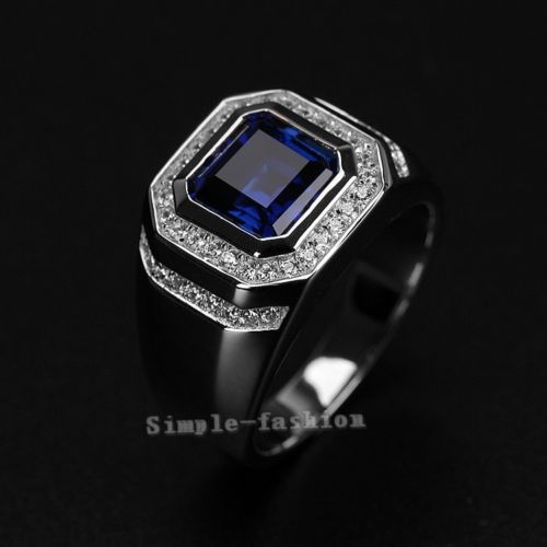 Blue Sapphire Sterg Sier Ring: Solitaire Simulated Dia Wedding Band for Men (Size 8-13)