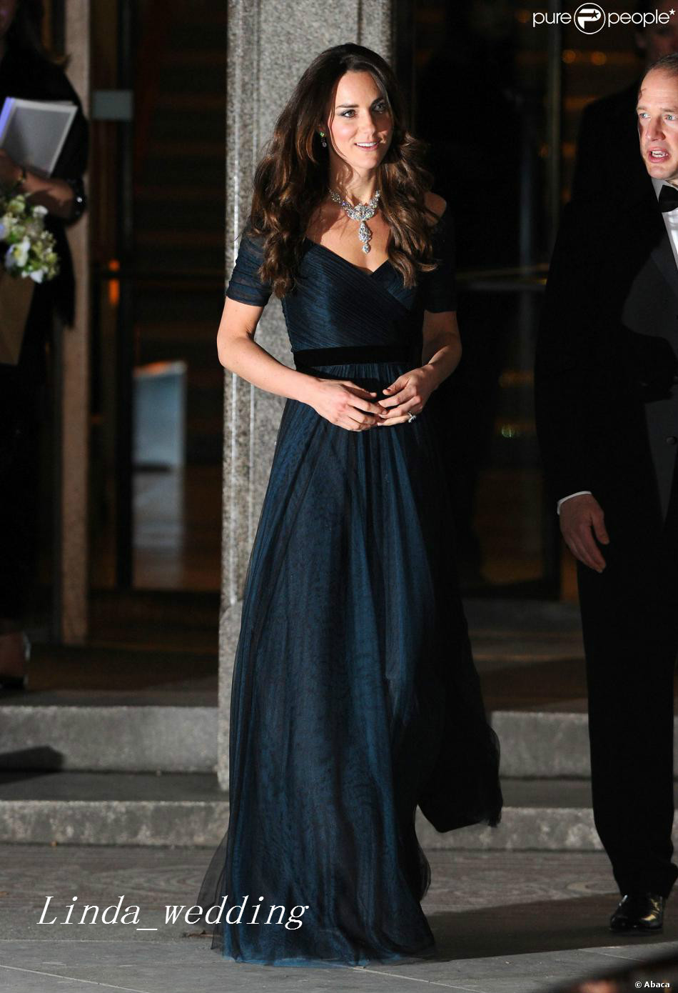 Jenny Packham Kate Middleton Navy Blue Evening Dress Short Sleeve Long Backless Formal Prom Party Gown