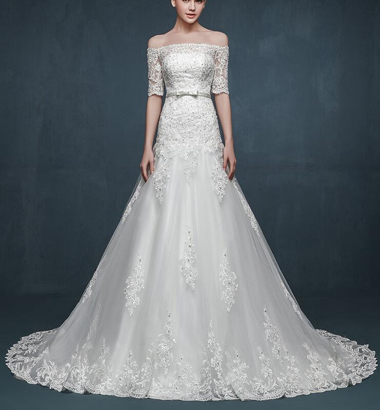 Wedding gown Charming Bateauty bridal dress princess off shoulder Wedding Dresses Bridal Gowns with Sash Bow Sweep Train Custom Made BD017