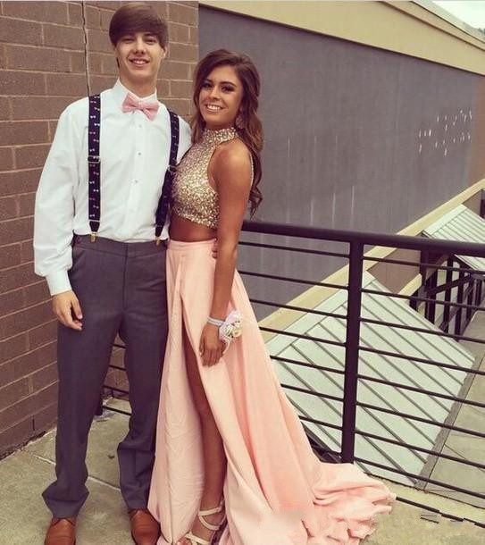 Modern Two Pieces Prom Dresses High Neck Crystal Beads Long Party Evening Gowns Hollow Back Side Split Plus Size 2016 Ocn Dress