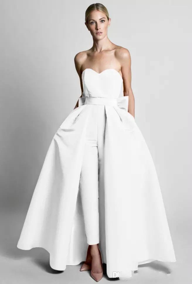 Silk Satin Bow Back Jumpsuit Evening Dresses With Overskirts Sweetheart Strapless Custom Made Prom Dress Waistband Weddings Guest Gowns