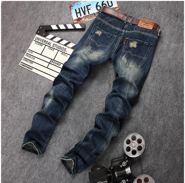 europen American style Distrressed Men's fashion brand hole jeans cotton straight slim denim Trousers luxury blue jeans for men