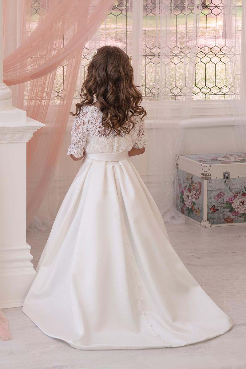 Latest 2019 Formal Flower Girl Dresses For Wedding with Half Sleeves Lace Jacket Strapless A Line Ivory Satin Children Dresses with Bow Sash