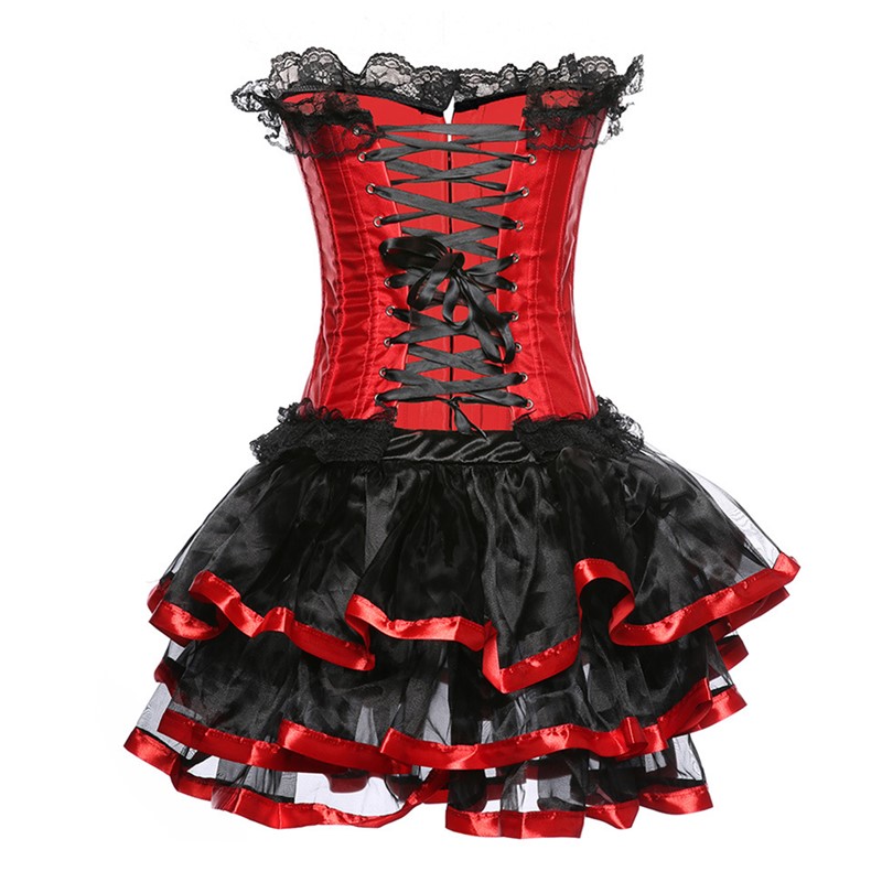 Plus Size Halloween Christmas Nightclub Red Sweetheart Lace Trim Corset with Mesh Layered TUTU Skirt Dancing Suit Women Dance Corset Outfit